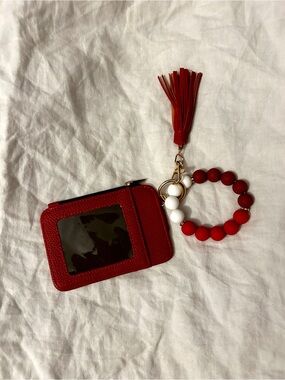 Red Tassel Wristlet Card Holder with Beaded Key Ring